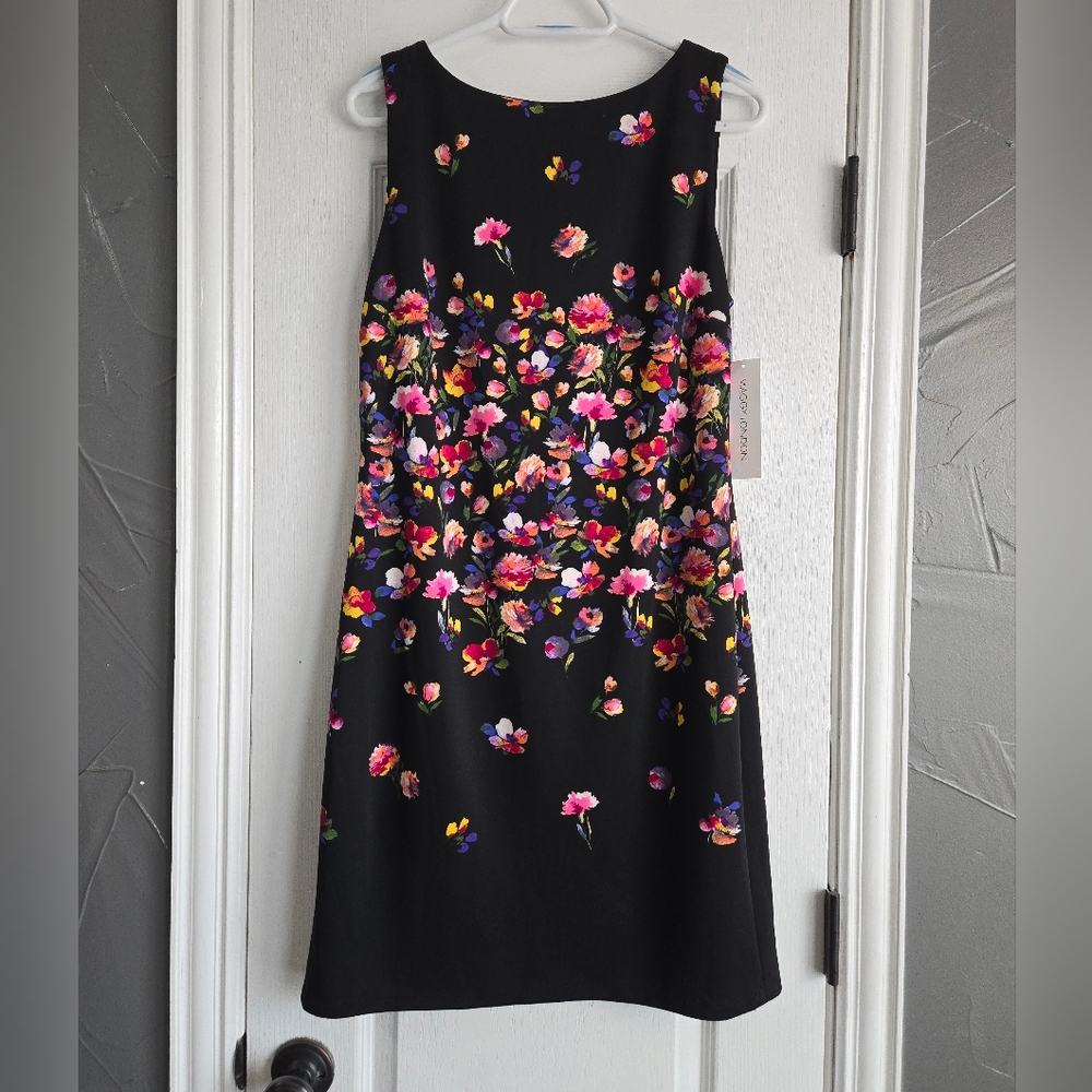 NWT Maggy London Black Floral Sleeveless Minidress Pink & Rainbow Accents 14